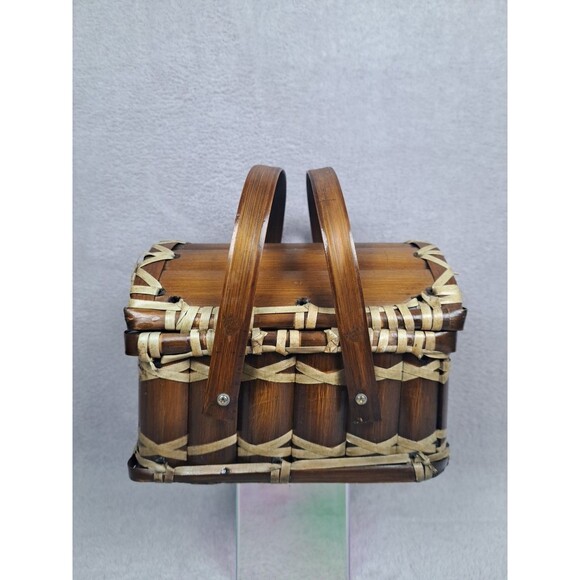 Vintage Bamboo Treasure Chest Mini Picnic Basket Purse 7x7x6 inches Keep-Sake - Picture 4 of 15